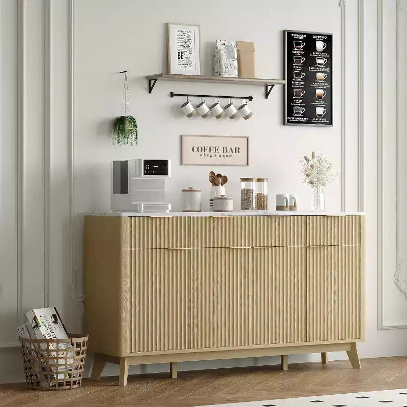 Buffet de cuisine rustique cannelé 60", 3 tiroirs et 4 portes, meuble d'appoint pour bar à café avec étagères réglables
