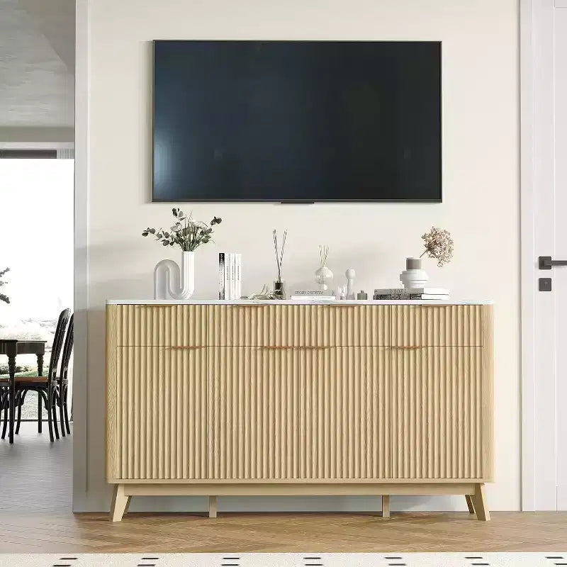 Buffet de cuisine rustique cannelé 60", 3 tiroirs et 4 portes, meuble d'appoint pour bar à café avec étagères réglables