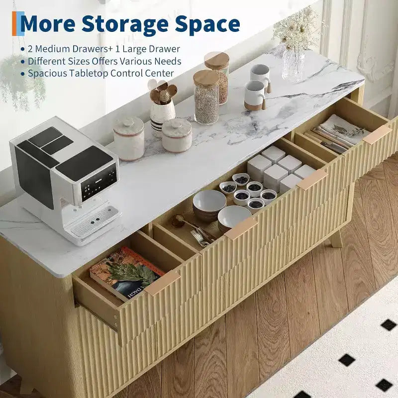 Buffet de cuisine rustique cannelé 60", 3 tiroirs et 4 portes, meuble d'appoint pour bar à café avec étagères réglables