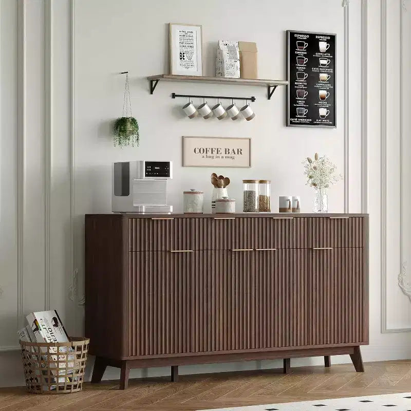 Buffet de cuisine rustique cannelé 60", 3 tiroirs et 4 portes, meuble d'appoint pour bar à café avec étagères réglables