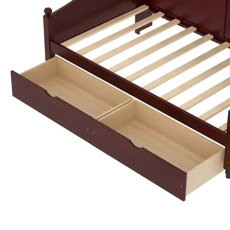 Lit de repos double avec tiroirs de rangement et étagères de tête de lit, cadre de lit en bois, expresso