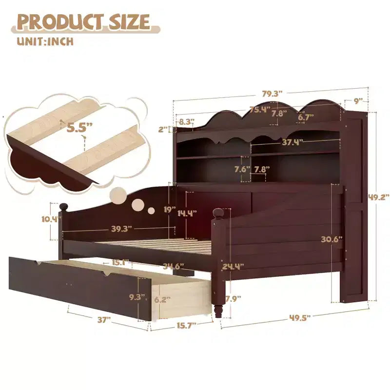 Lit de repos double avec tiroirs de rangement et étagères de tête de lit, cadre de lit en bois, expresso