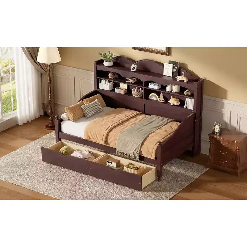 Lit de repos double avec tiroirs de rangement et étagères de tête de lit, cadre de lit en bois, expresso
