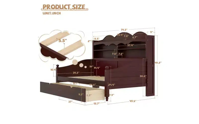Lit de repos double avec tiroirs de rangement et étagères de tête de lit, cadre de lit en bois, expresso