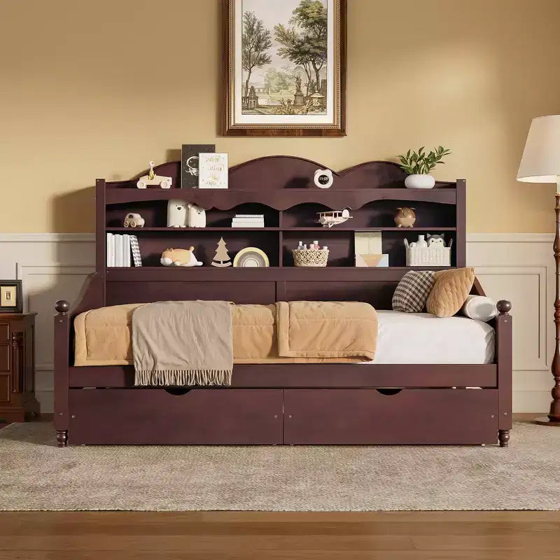Lit de repos double avec tiroirs de rangement et étagères de tête de lit, cadre de lit en bois, expresso