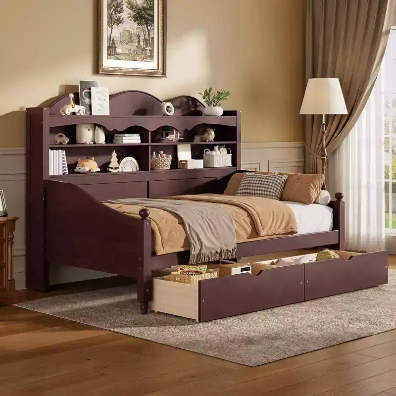 Lit de repos double avec tiroirs de rangement et étagères de tête de lit, cadre de lit en bois, expresso