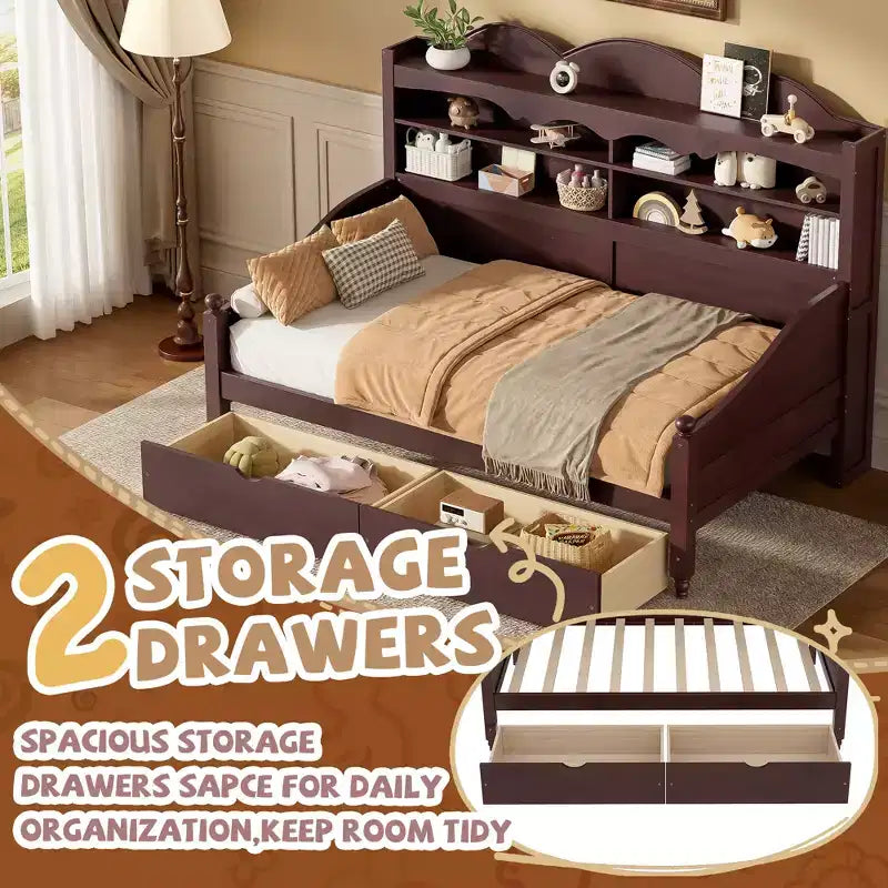 Lit de repos double avec tiroirs de rangement et étagères de tête de lit, cadre de lit en bois, expresso