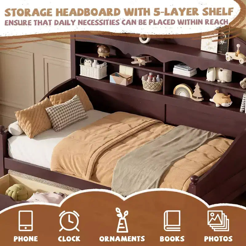 Lit de repos double avec tiroirs de rangement et étagères de tête de lit, cadre de lit en bois, expresso
