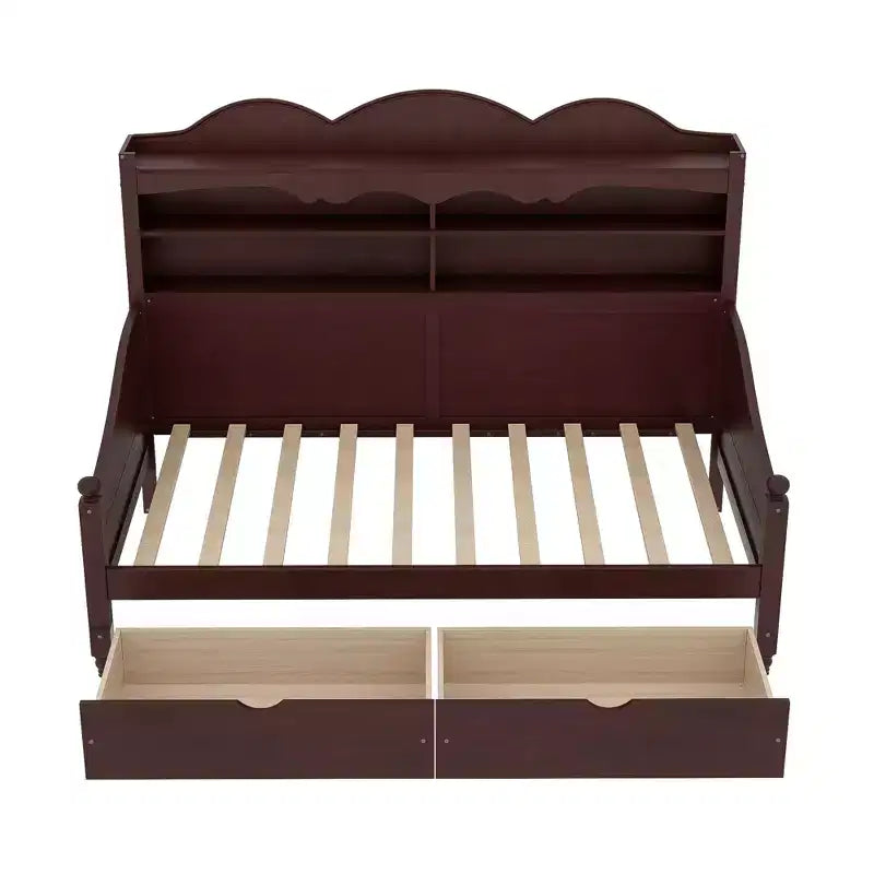Lit de repos double avec tiroirs de rangement et étagères de tête de lit, cadre de lit en bois, expresso