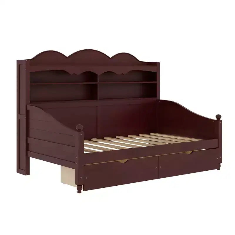 Lit de repos double avec tiroirs de rangement et étagères de tête de lit, cadre de lit en bois, expresso