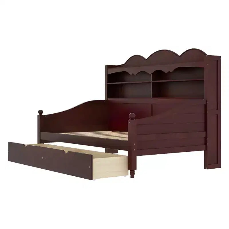 Lit de repos double avec tiroirs de rangement et étagères de tête de lit, cadre de lit en bois, expresso