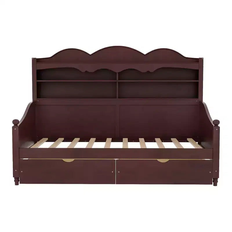 Lit de repos double avec tiroirs de rangement et étagères de tête de lit, cadre de lit en bois, expresso