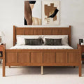 Queen Flat Panel Platform Bed with Headboard and Footboard, Wood Grain Shaker Farmhouse Bed Frame, Light Walnut