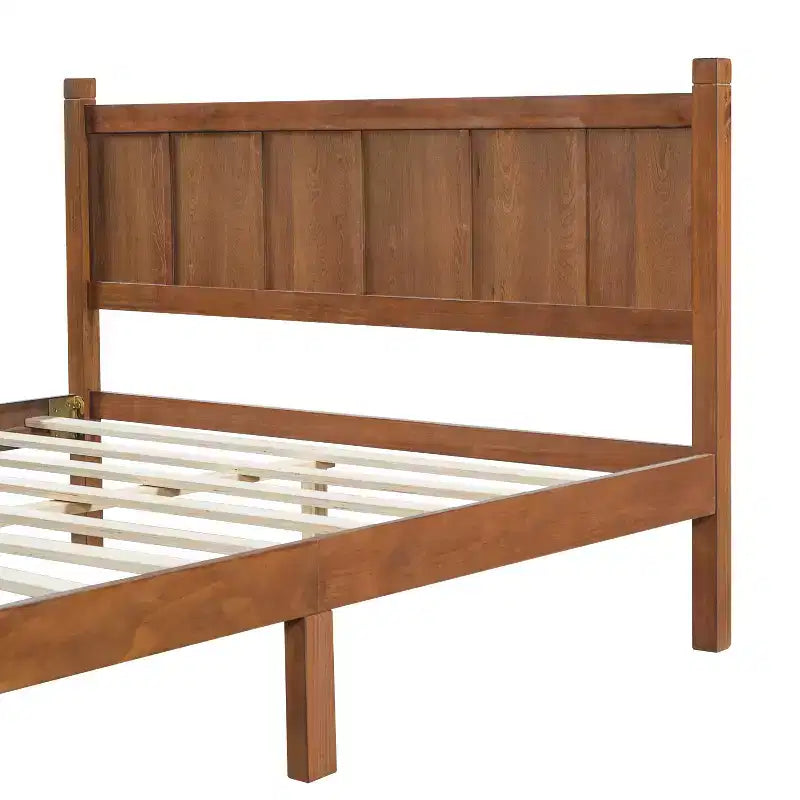 Lit plateforme Queen à panneau plat avec tête de lit et pied de lit, cadre de lit de ferme Shaker au grain de bois, noyer clair