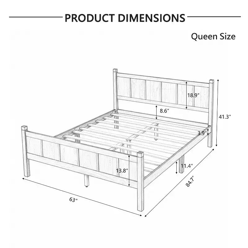 Lit plateforme Queen à panneau plat avec tête de lit et pied de lit, cadre de lit de ferme Shaker au grain de bois, noyer clair