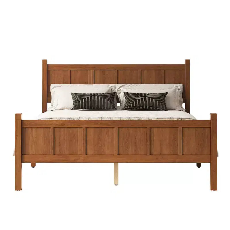 Lit plateforme Queen à panneau plat avec tête de lit et pied de lit, cadre de lit de ferme Shaker au grain de bois, noyer clair