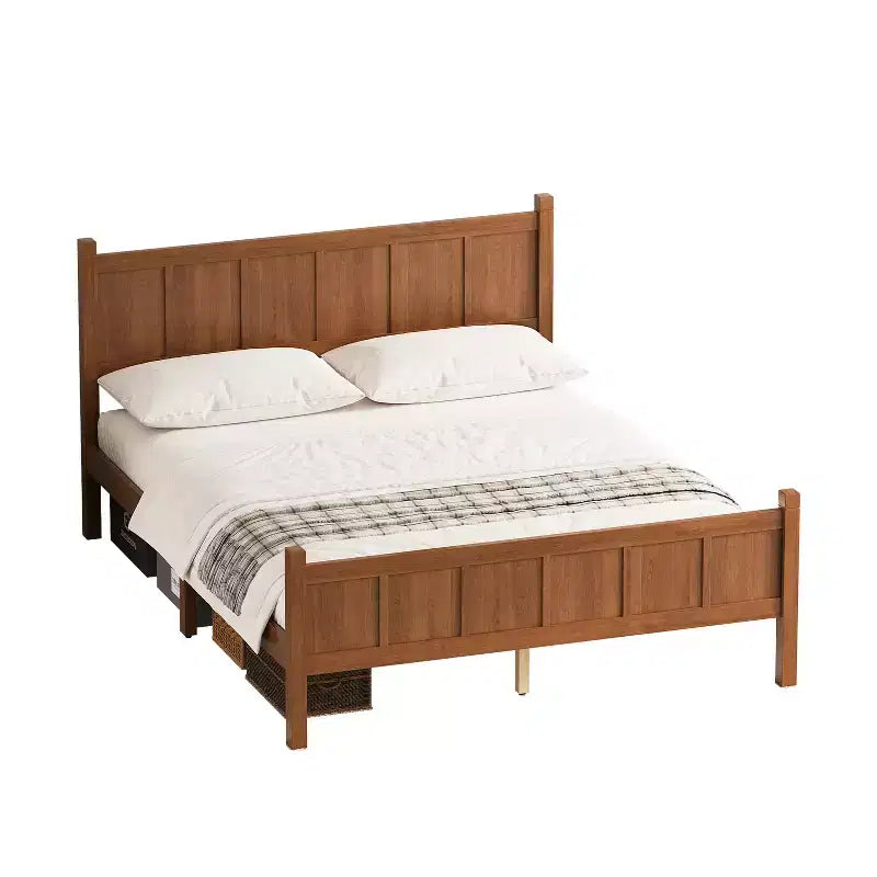 Lit plateforme Queen à panneau plat avec tête de lit et pied de lit, cadre de lit de ferme Shaker au grain de bois, noyer clair