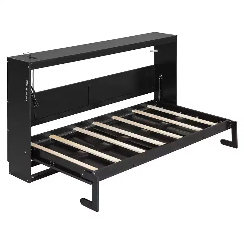 Lit escamotable Queen Size avec rabat latéral, éclairage LED sous le lit, prise USB intégrée, assemblage facile, noir