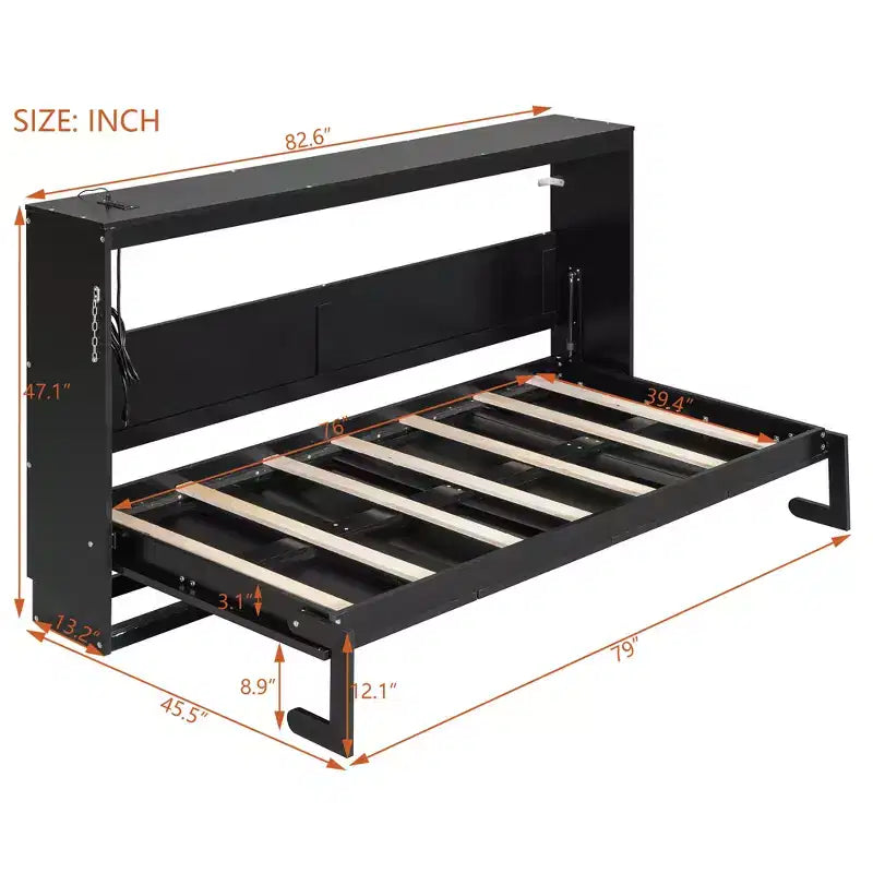 Queen Size Murphy Bed With Side-Folding, LED Under-Bed Lighting, Built-In USB Outlet, Easy Assembly, Black