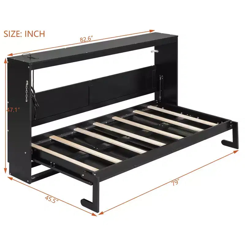 Lit escamotable Queen Size avec rabat latéral, éclairage LED sous le lit, prise USB intégrée, assemblage facile, noir