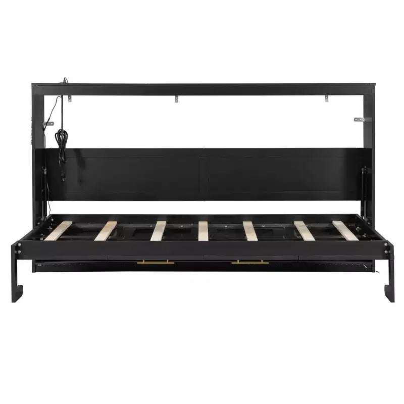 Queen Size Murphy Bed With Side-Folding, LED Under-Bed Lighting, Built-In USB Outlet, Easy Assembly, Black