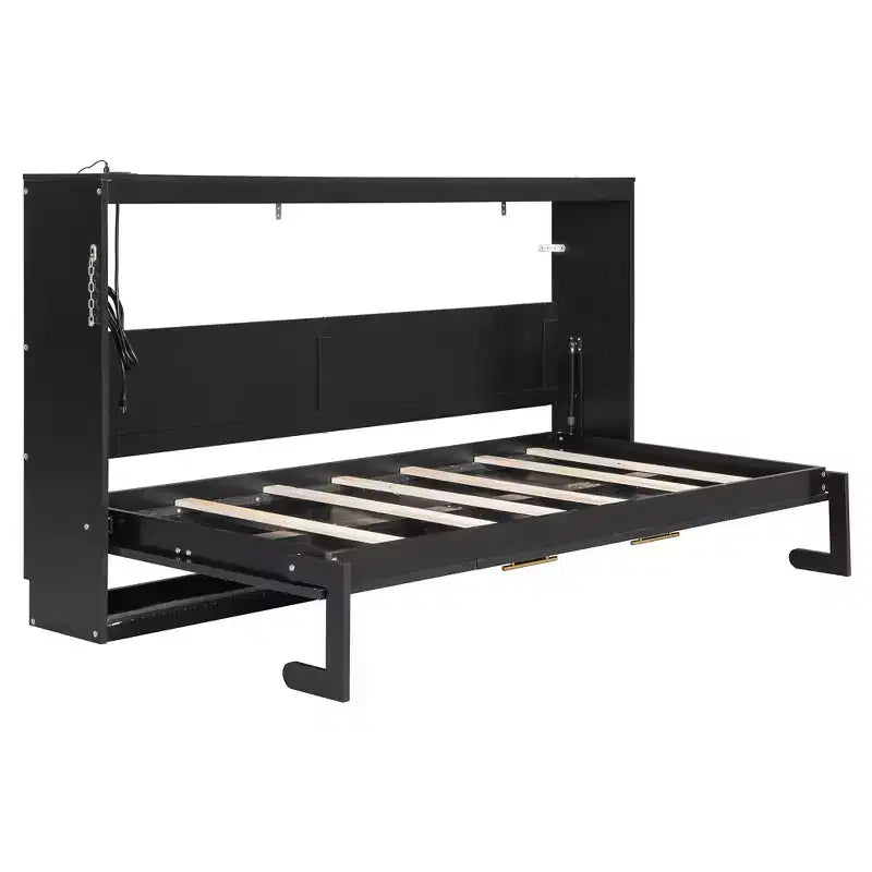 Lit escamotable Queen Size avec rabat latéral, éclairage LED sous le lit, prise USB intégrée, assemblage facile, noir