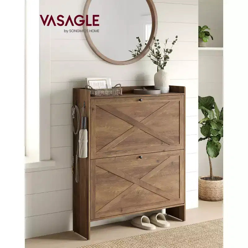 Meuble de Rangement pour Chaussures avec 2 Tiroirs Basculants, Étagère à Chaussures Étroite Autonome pour Entrée, Style Ferme, Peut Contenir 14 à 16 Paires