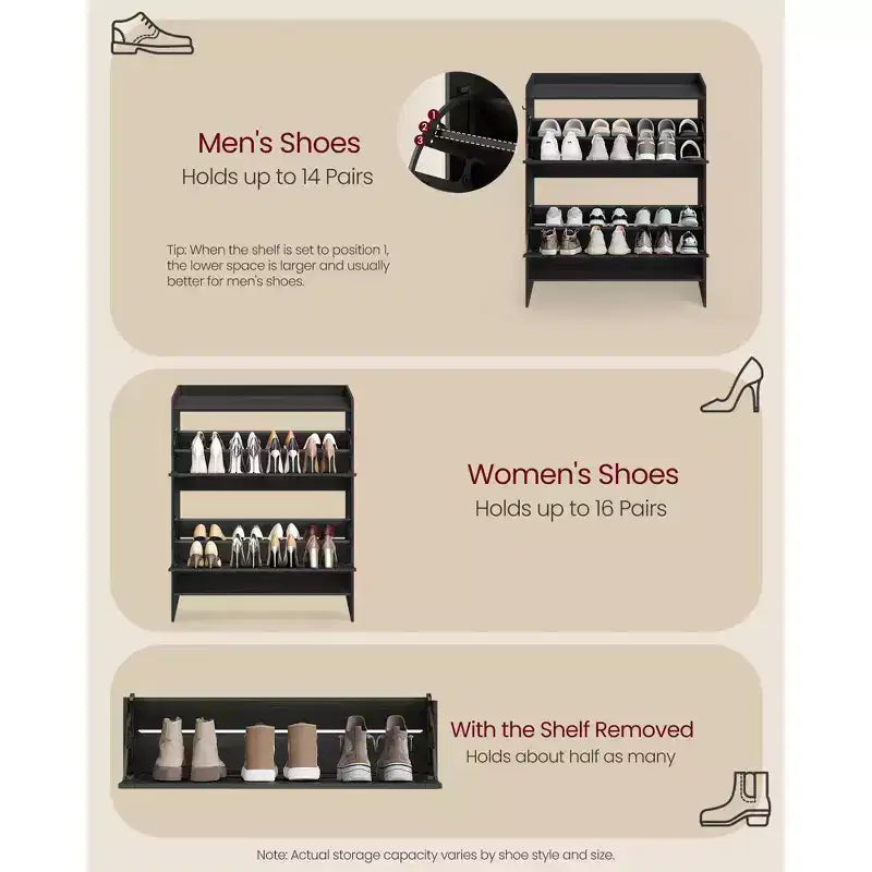 Meuble de Rangement pour Chaussures avec 2 Tiroirs Basculants, Étagère à Chaussures Étroite Autonome pour Entrée, Style Ferme, Peut Contenir 14 à 16 Paires