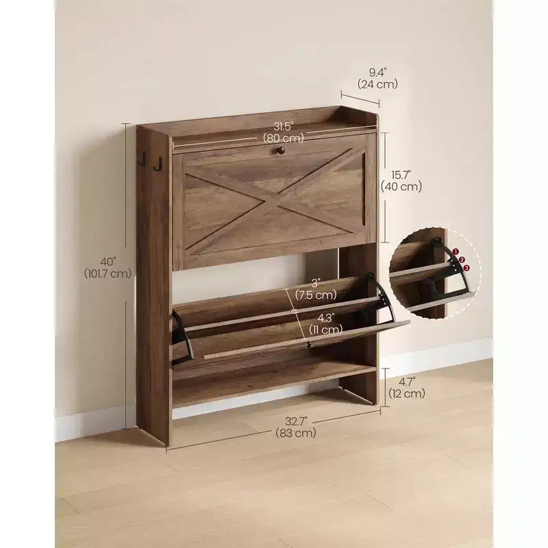 Shoe Storage Cabinet Organizer with 2 Flip Drawers, Freestanding Narrow Shoe Rack Cabinet for Entryway, Farmhouse Style, Fits 14 to 16 Pairs