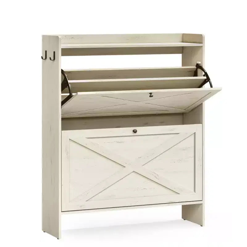 Shoe Storage Cabinet Organizer with 2 Flip Drawers, Freestanding Narrow Shoe Rack Cabinet for Entryway, Farmhouse Style, Fits 14 to 16 Pairs
