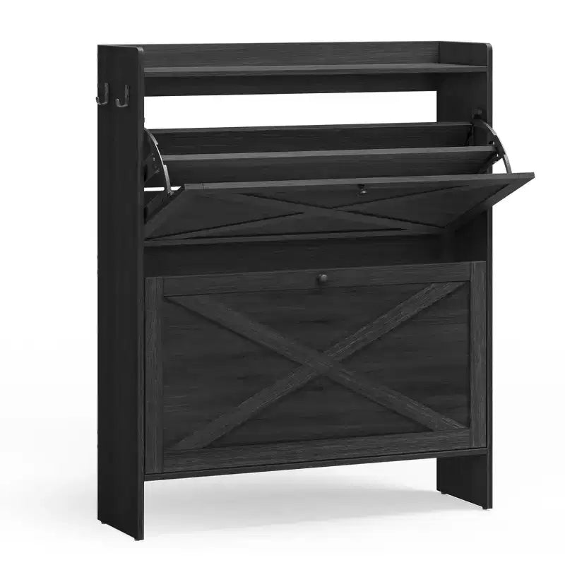 Shoe Storage Cabinet Organizer with 2 Flip Drawers, Freestanding Narrow Shoe Rack Cabinet for Entryway, Farmhouse Style, Fits 14 to 16 Pairs