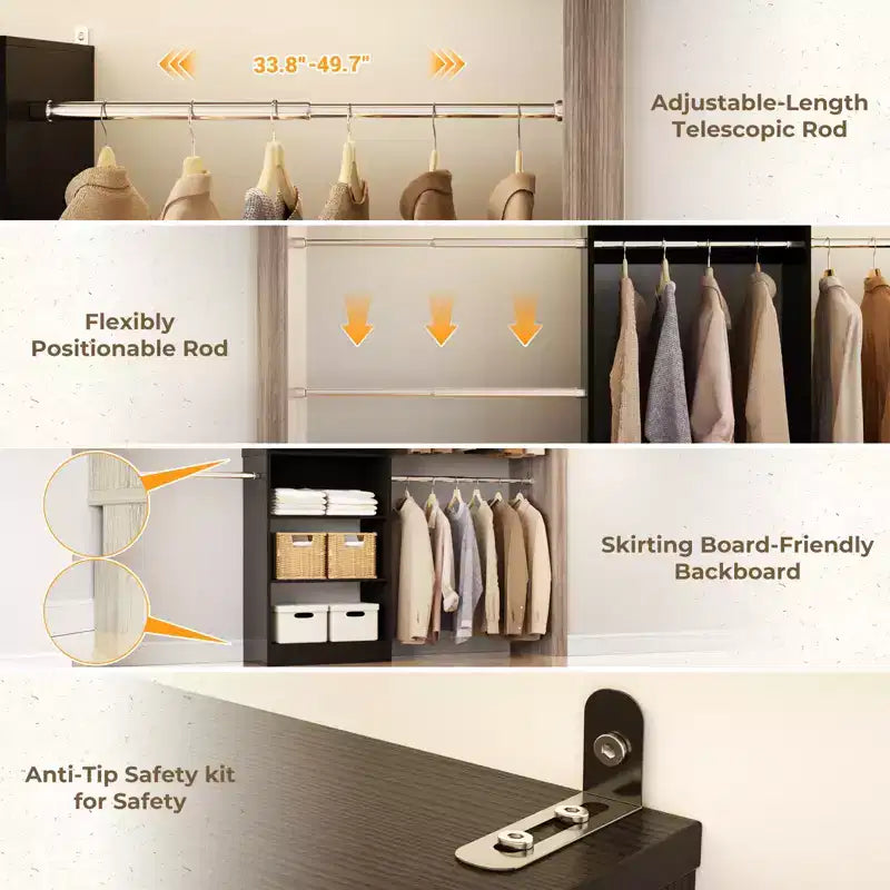 Système de rangement pour placard de 1,5 à 3 m avec 5 tringles et étagères, organisateur de placard extensible pour chambre à coucher