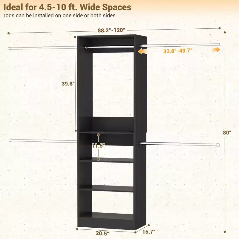 Système de rangement pour placard de 1,5 à 3 m avec 5 tringles et étagères, organisateur de placard extensible pour chambre à coucher