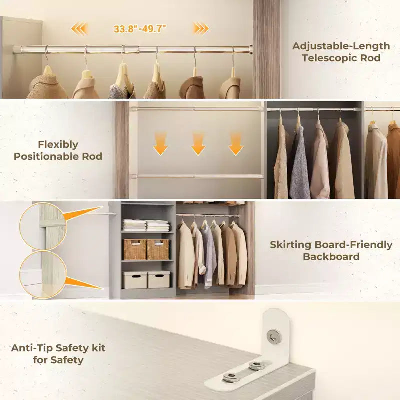 Système de rangement pour placard de 1,5 à 3 m avec 5 tringles et étagères, organisateur de placard extensible pour chambre à coucher