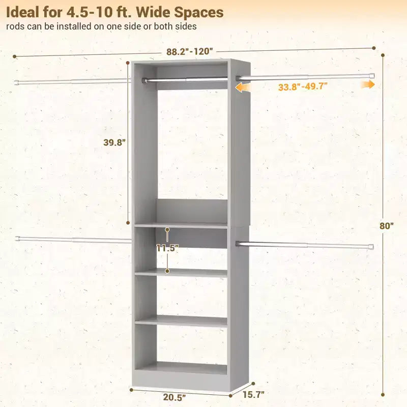 Système de rangement pour placard de 1,5 à 3 m avec 5 tringles et étagères, organisateur de placard extensible pour chambre à coucher