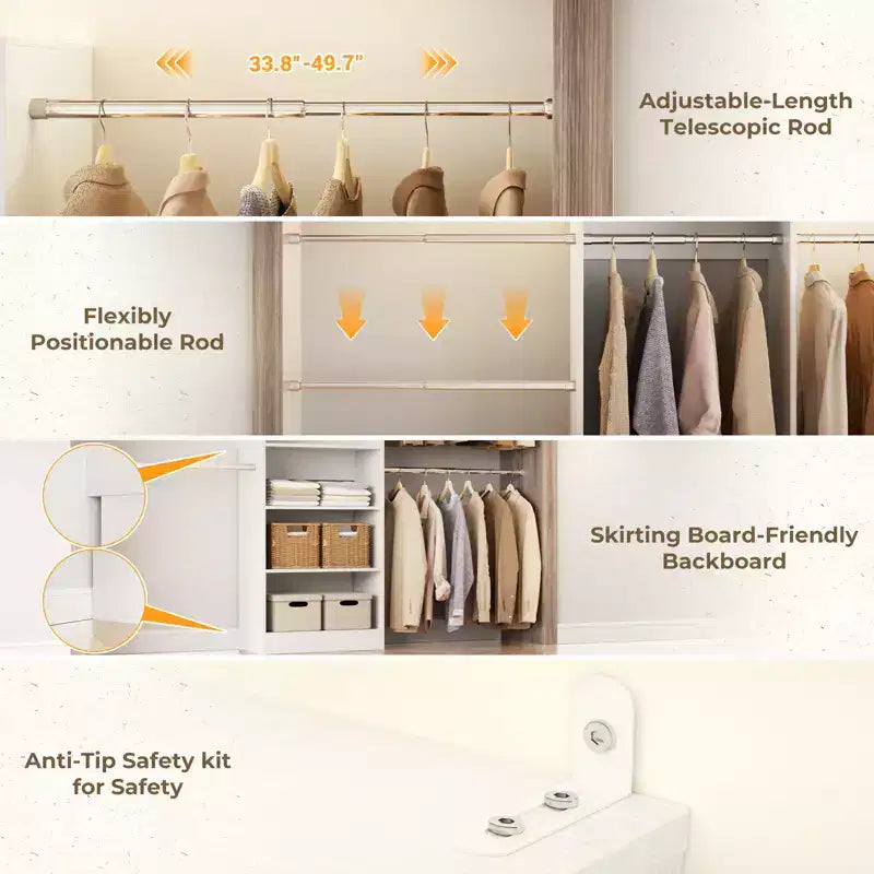 Système de rangement pour placard de 1,5 à 3 m avec 5 tringles et étagères, organisateur de placard extensible pour chambre à coucher