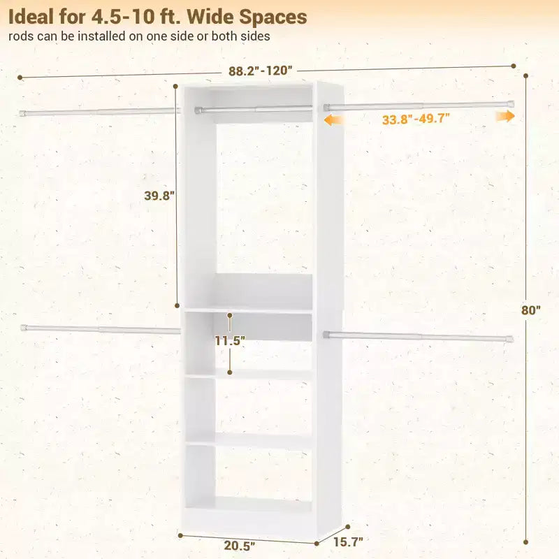 Système de rangement pour placard de 1,5 à 3 m avec 5 tringles et étagères, organisateur de placard extensible pour chambre à coucher