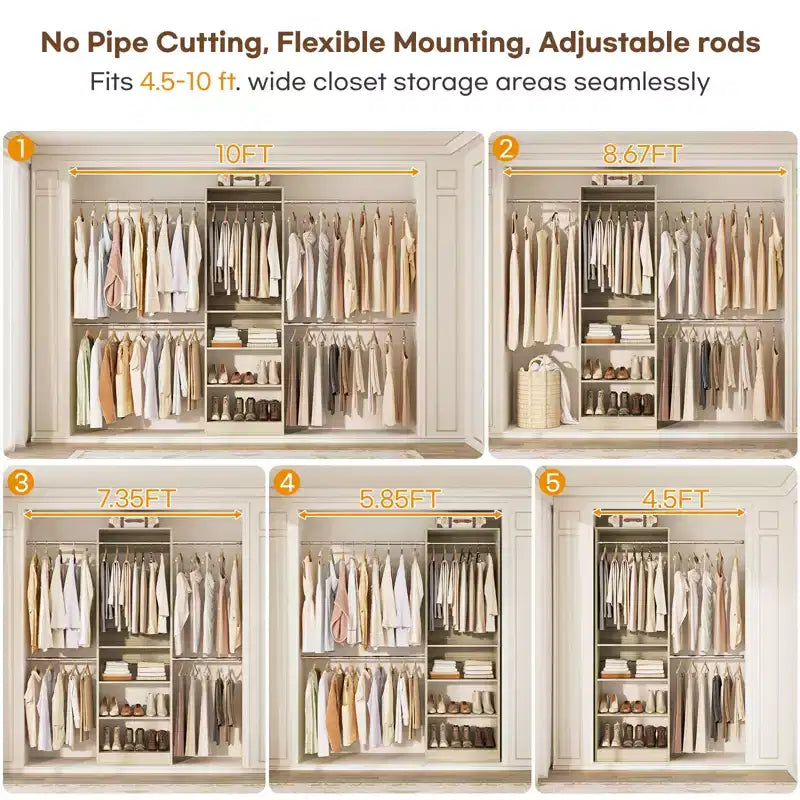 5-10FT Closet System with 5 Hanging Rods and Shelves, Expandable Closet Organizer for Bedroom