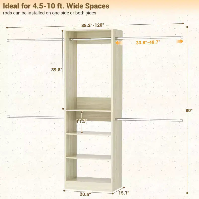 Système de rangement pour placard de 1,5 à 3 m avec 5 tringles et étagères, organisateur de placard extensible pour chambre à coucher