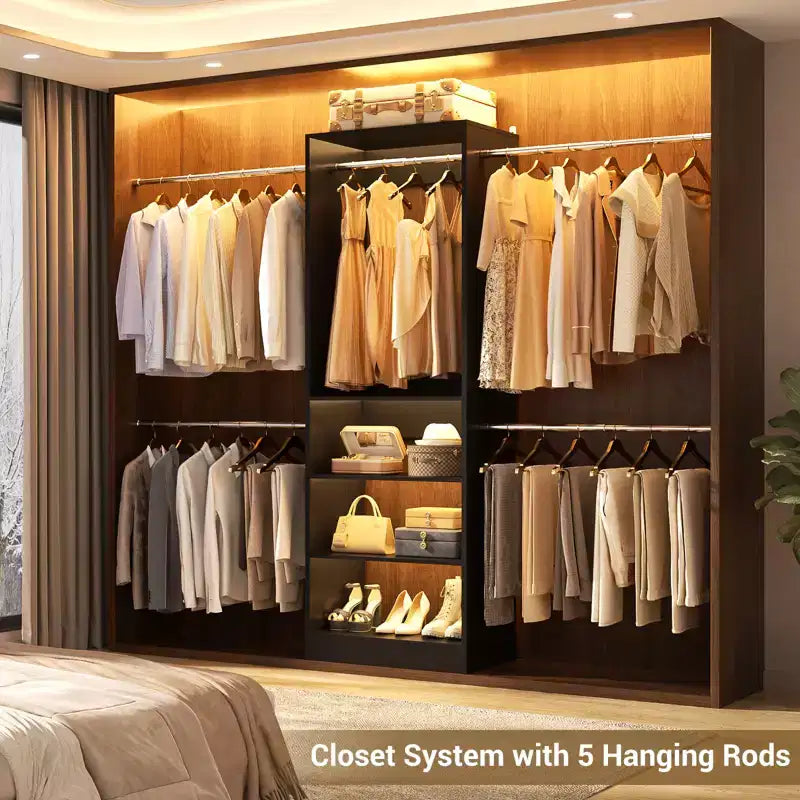 5-10FT Closet System with 5 Hanging Rods and Shelves, Expandable Closet Organizer for Bedroom