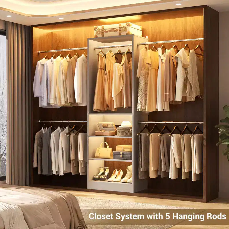 5-10FT Closet System with 5 Hanging Rods and Shelves, Expandable Closet Organizer for Bedroom
