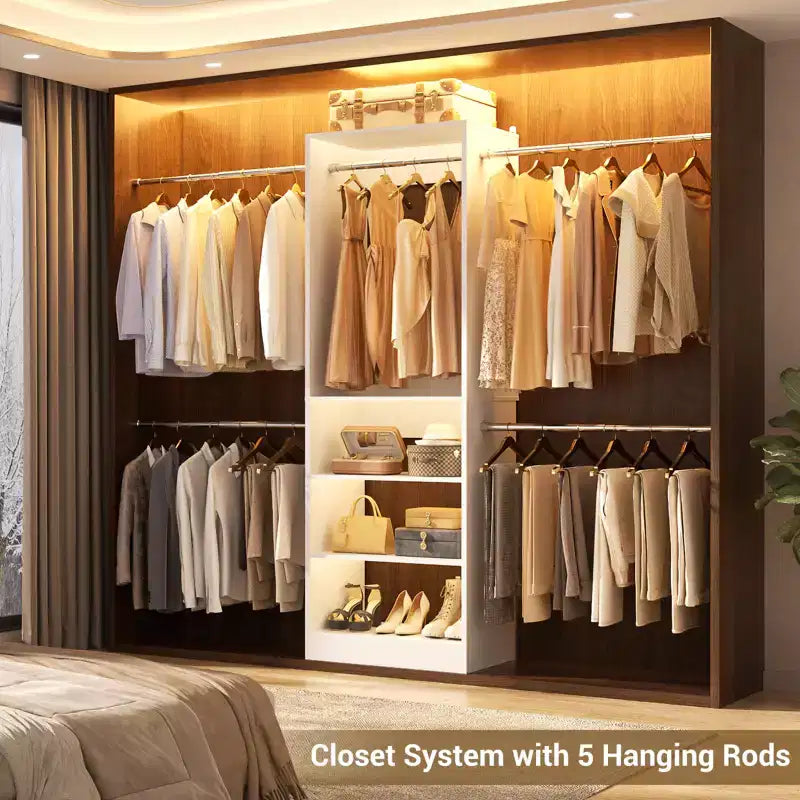 5-10FT Closet System with 5 Hanging Rods and Shelves, Expandable Closet Organizer for Bedroom
