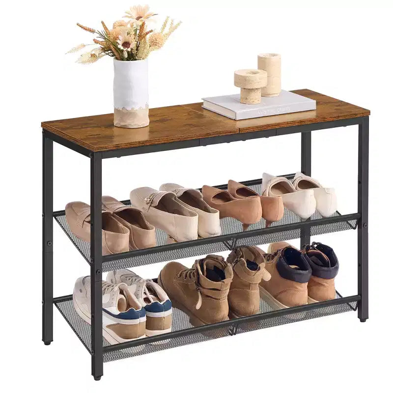 VASAGLE Shoe Rack for Entryway, 3-Tier Shoe Rack Organizer with Storage Shelves, Freestanding, Adjustable, Rustic Brown and Ink Black