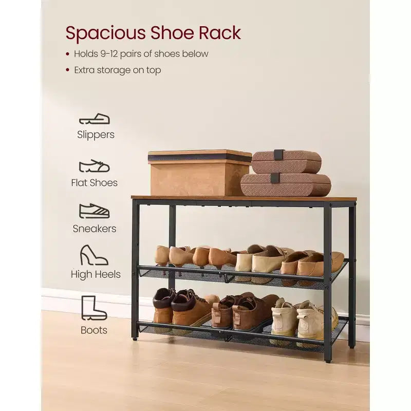 Meuble à chaussures pour entrée, organisateur de chaussures à 3 niveaux avec étagères de rangement, autoportant, réglable, marron rustique et noir encre