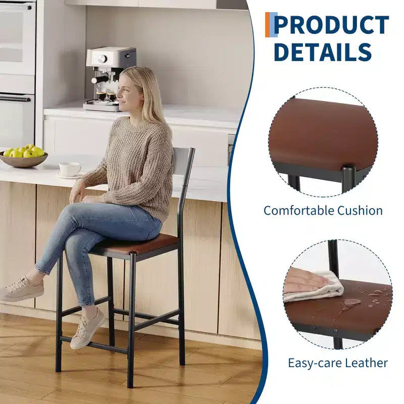 Lot de 2 tabourets de bar modernes hauteur comptoir, chaises d'îlot en cuir PU avec dossier incurvé et repose-pieds, cadre en fer robuste de 136 kg pour la cuisine