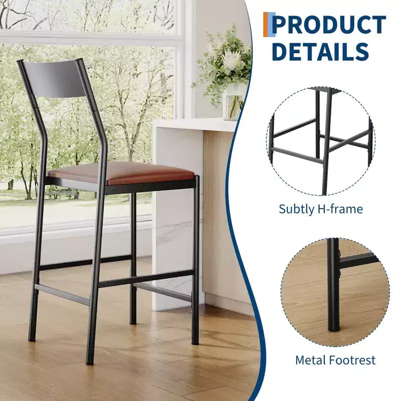 Lot de 2 tabourets de bar modernes hauteur comptoir, chaises d'îlot en cuir PU avec dossier incurvé et repose-pieds, cadre en fer robuste de 136 kg pour la cuisine