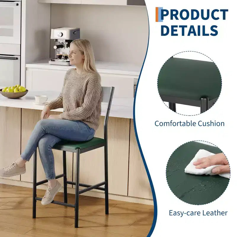 Lot de 2 tabourets de bar modernes hauteur comptoir, chaises d'îlot en cuir PU avec dossier incurvé et repose-pieds, cadre en fer robuste de 136 kg pour la cuisine