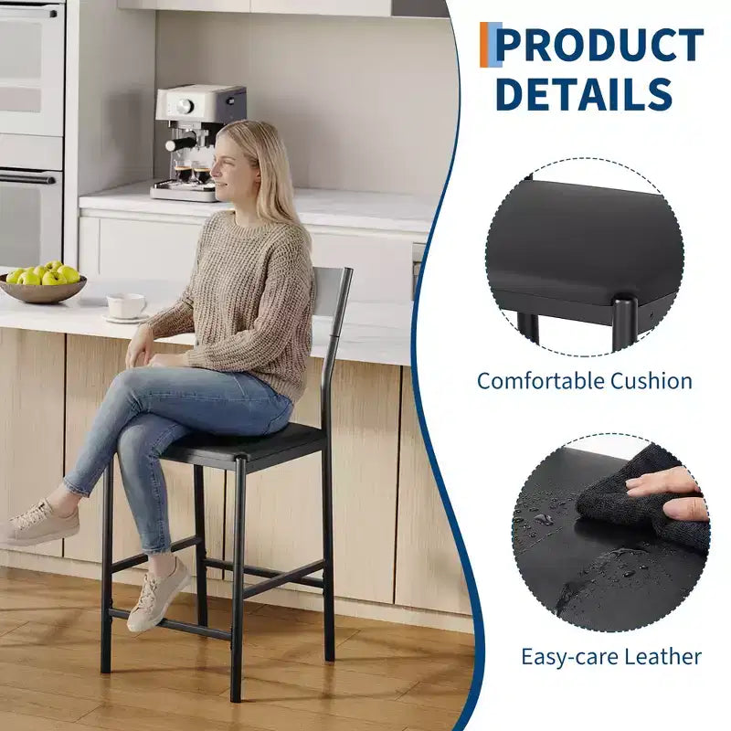 Set of 2 Modern Counter Height Bar Stools, PU Leather Island Chairs w/ Curved Backrest & Footrest, 300lbs Heavy Duty Iron Frame for Kitchen