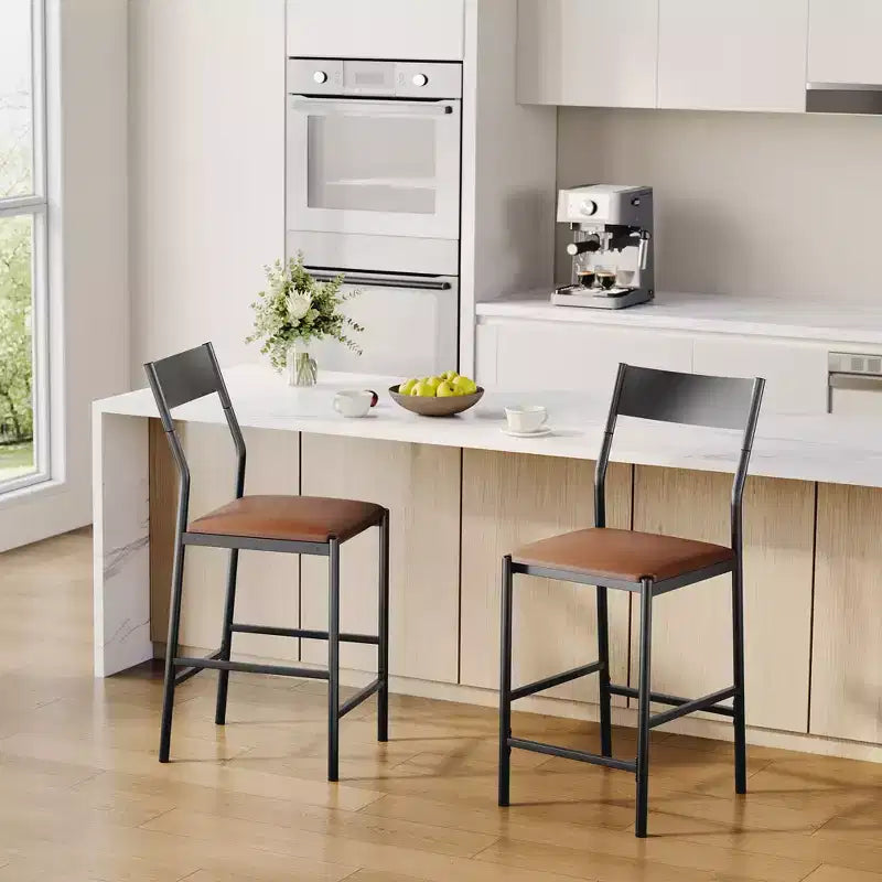 Set of 2 Modern Counter Height Bar Stools, PU Leather Island Chairs w/ Curved Backrest & Footrest, 300lbs Heavy Duty Iron Frame for Kitchen