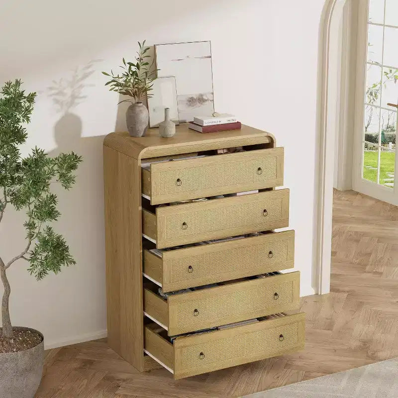 Commode 5 tiroirs pour chambre à coucher, commode en bois de 112 cm de hauteur, meuble de rangement moderne pour vêtements, commode étroite pour chambre à coucher